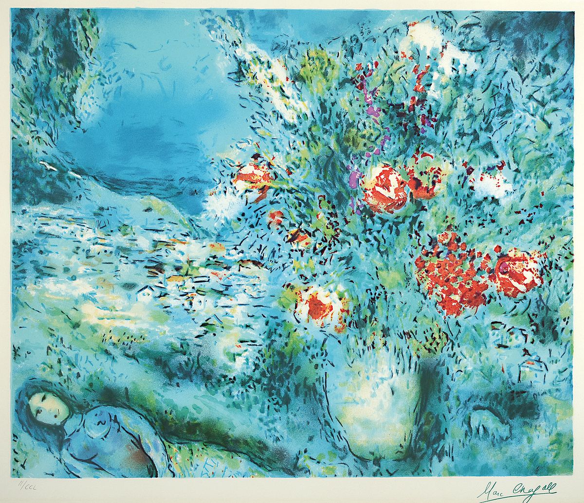 Marc Chagall, 1887 - 1985, große Offsetlitho, num. II/CCL, im Druck signiert, Darstellung ca. 58 x 70 cm unter Glas, Rahmen: 77 x 107 cm