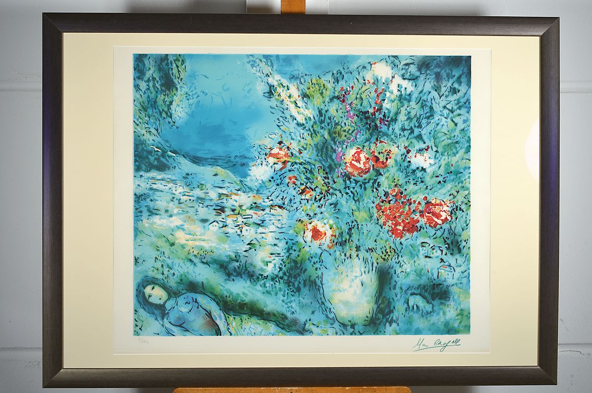 Detail k: Marc Chagall, 1887 - 1985, große Offsetlitho, num. II/CCL, im Druck signiert, Darstellung ca. 58 x 70 cm unter Glas, Rahmen: 77 x 107 cm