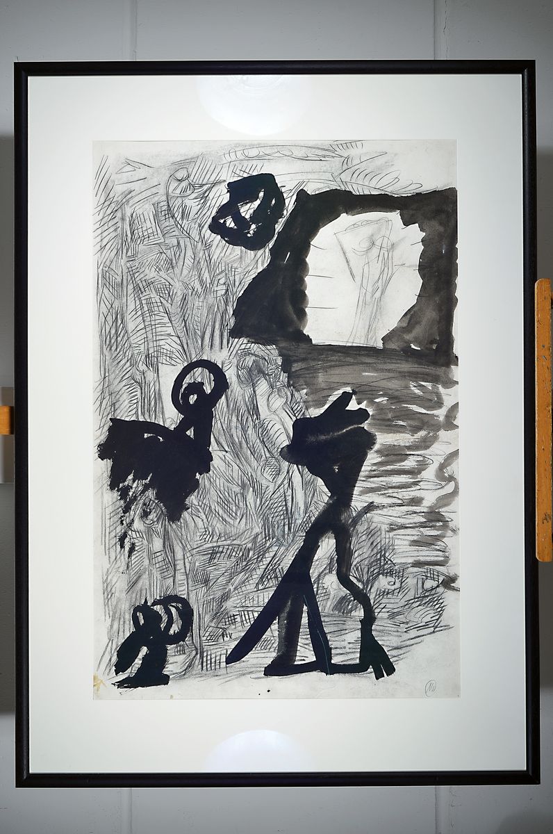 Detail k: Markus Lüpertz, geb. 1941, Tusche und Kohle auf Velin-Karton, monogrammiert, dat. 1986, ca. 100 x 66 cm, PP., Rahmen ca. 130 x 93 cm