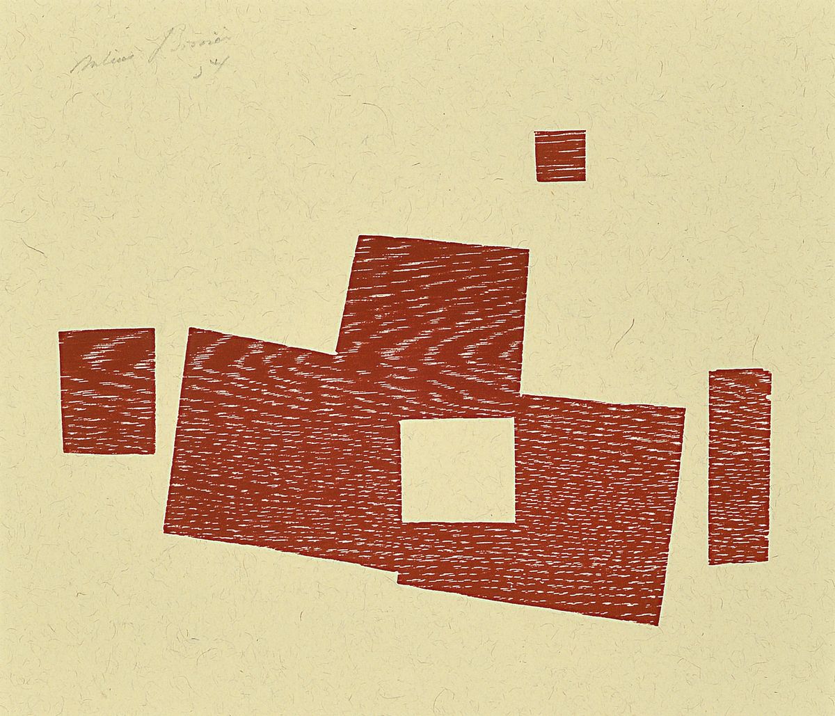 Jules Bissier, 1893 - 1965, Holzschnitt in Rot auf getöntem Papier, handsigniert, dat. 1954, Blattgröße 24.9 x 28.9 cm, unter Glas, Rahmen