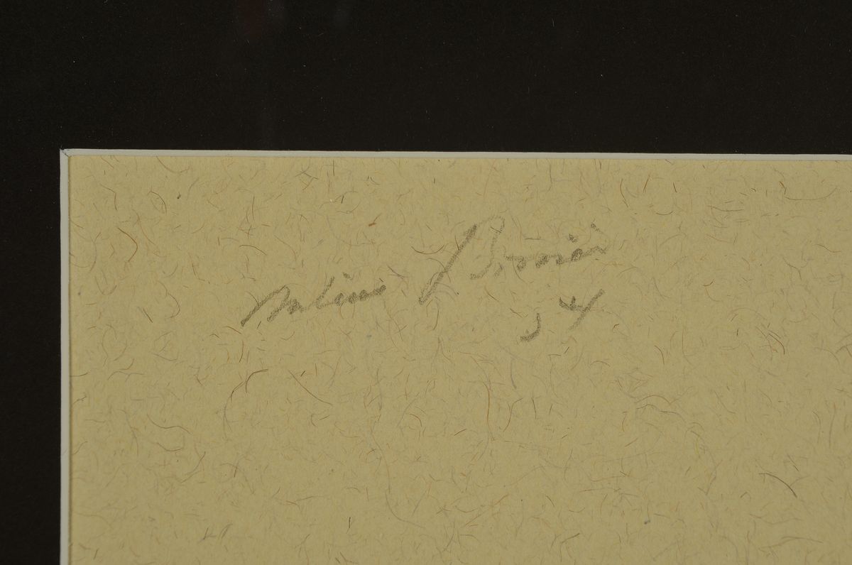 Detail a: Jules Bissier, 1893 - 1965, Holzschnitt in Rot auf getöntem Papier, handsigniert, dat. 1954, Blattgröße 24.9 x 28.9 cm, unter Glas, Rahmen