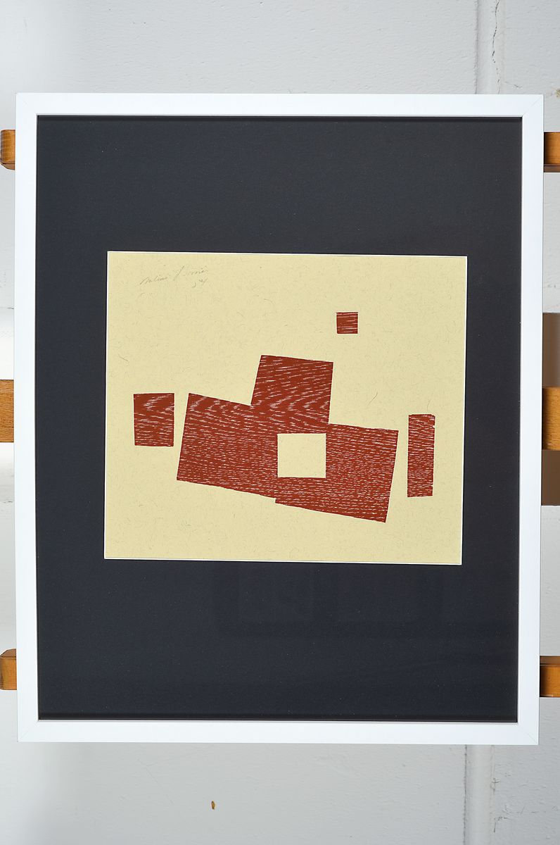Detail k: Jules Bissier, 1893 - 1965, Holzschnitt in Rot auf getöntem Papier, handsigniert, dat. 1954, Blattgröße 24.9 x 28.9 cm, unter Glas, Rahmen