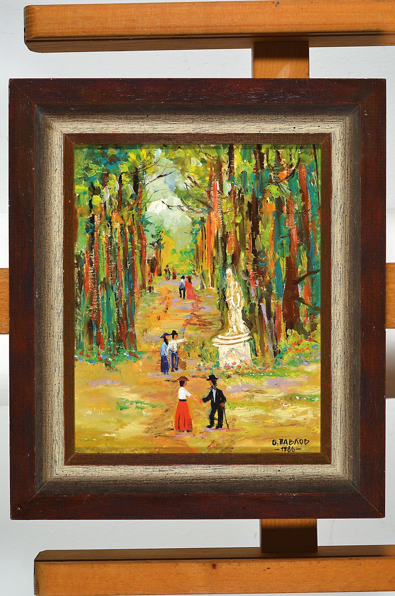 Detail k: Boris Pavlov, 1928 - 2005, "Mann trifft sich beim Sonntagsspaziergang im Wald bei Dijon im Burgunderland", Öl/Karton, signiert, ca. 33 x ...