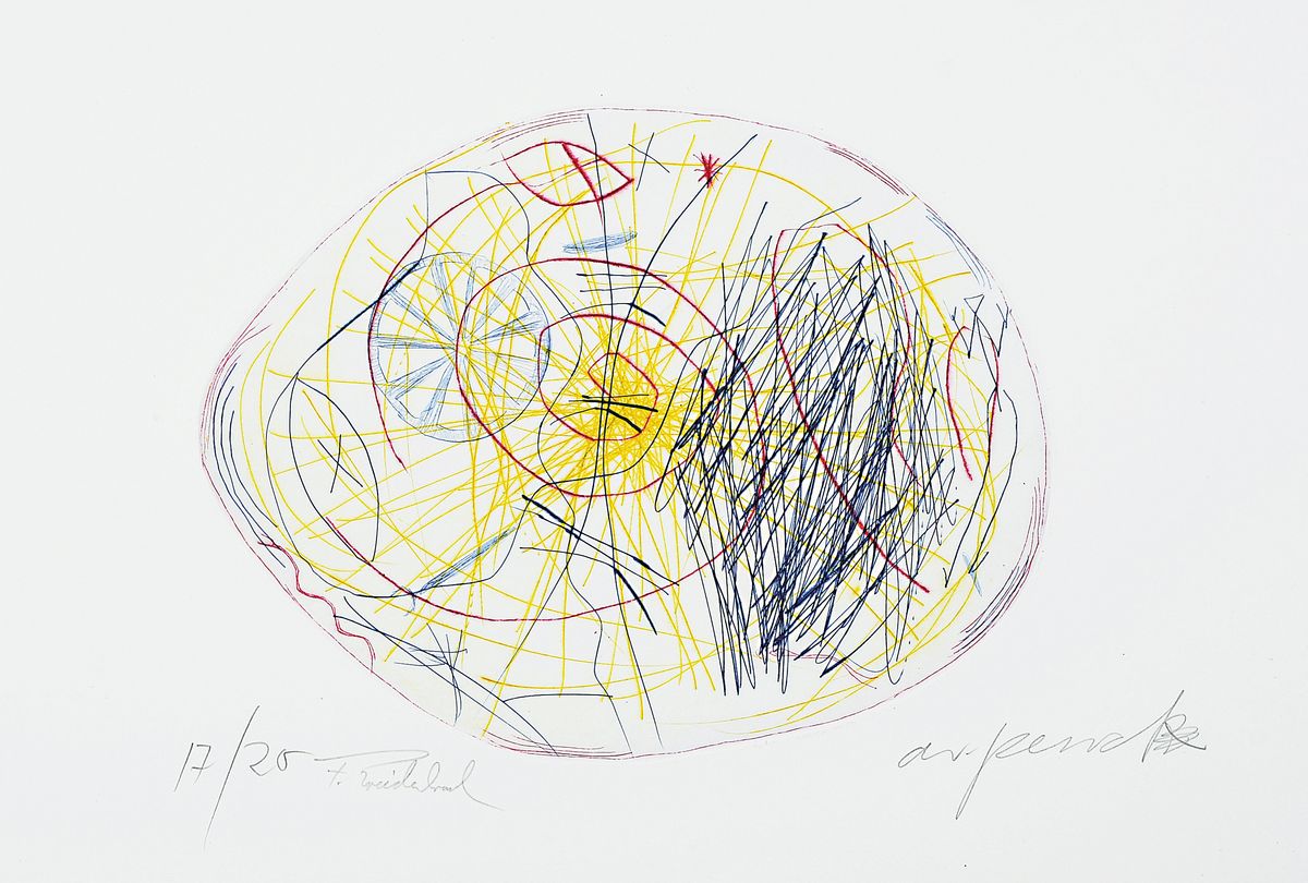 A.R. Penck, 1939 - 2016, Farbradierung, aus dem Projekt Centro Spirituale, Himmlischer Stürzer, auf Büttenpapier, handsigniert, num. 17/20, ...