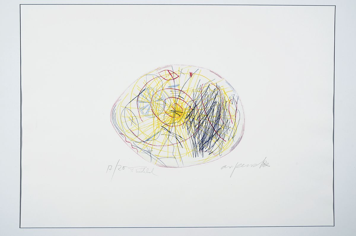 Detail k: A.R. Penck, 1939 - 2016, Farbradierung, aus dem Projekt Centro Spirituale, Himmlischer Stürzer, auf Büttenpapier, handsigniert, num. 17/20, ...