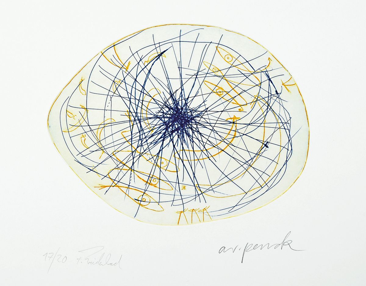 A.R. Penck, 1939 - 2016, Farbradierung, aus dem Projekt Centro Spirituale, Himmlischer Stürzer, auf Büttenpapier, handsigniert, num. 17/20, ...