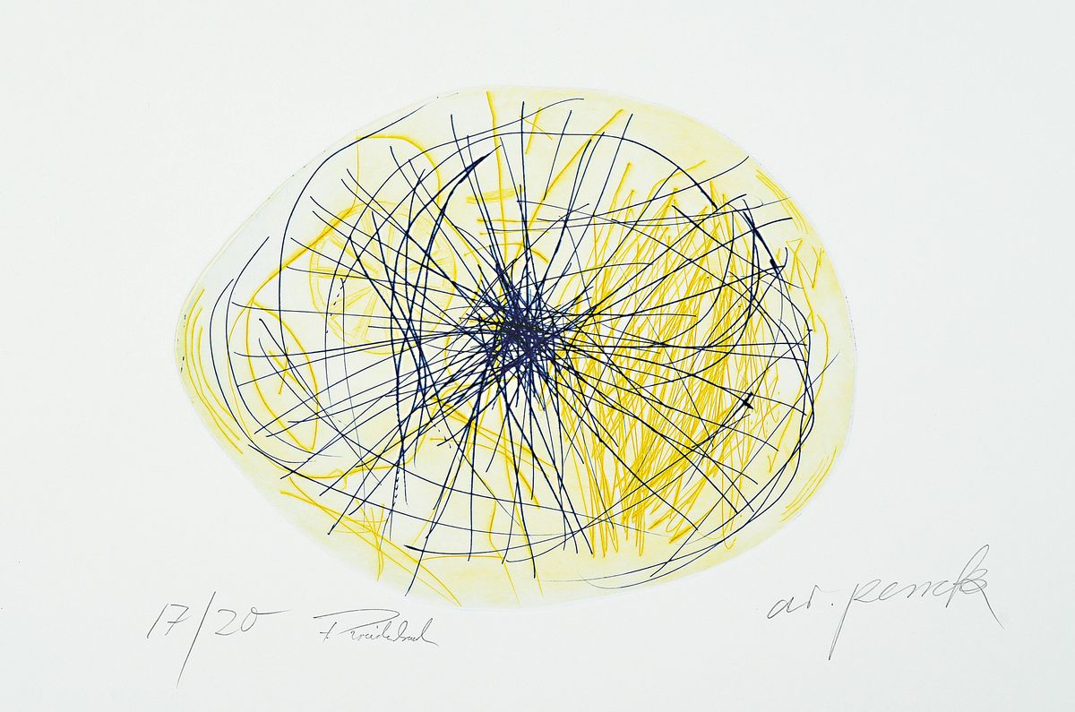 A.R. Penck, 1939 - 2016, Farbradierung, aus dem Projekt Centro Spirituale, Himmlischer Stürzer, auf Büttenpapier, handsigniert, num. 17/20, ...