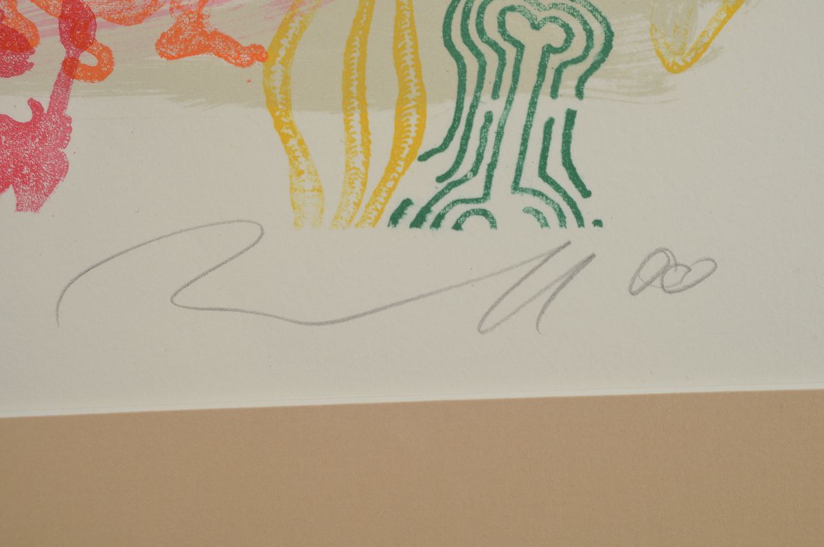 Detail a: Jörg Immendorf, 1945 - 2007, Farblithografie in 12 Farben auf 400 g Velin von BFK Rives, "Steinarm", Blattgröße 76.5 x 78 cm, ...