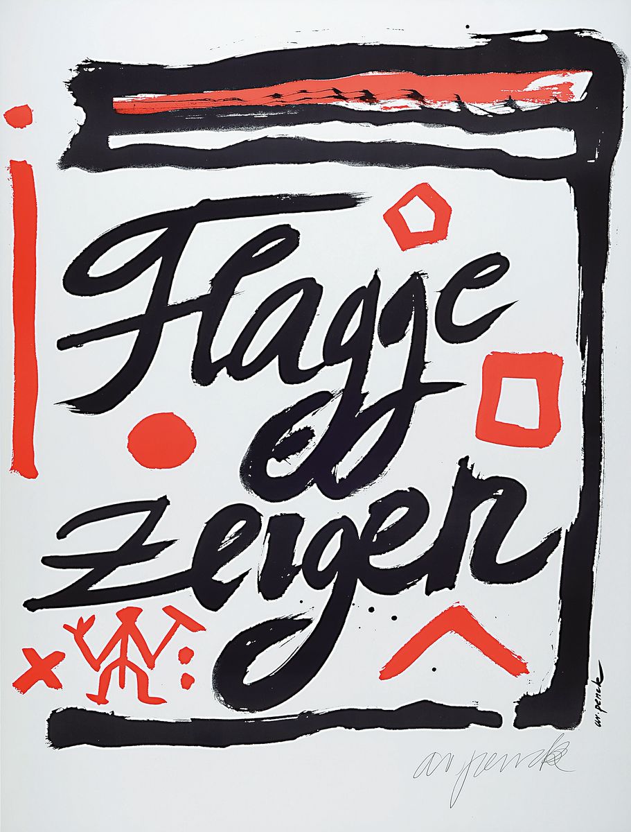 A.R. Penck, geb. 1939 in Dresden - 2017, Farbserigraphie, 1995, nur 35 handsignierte Blätter, Flagge zeigen, ca. 84 x 59.5 cm, unter Glas, Rahmen, ...