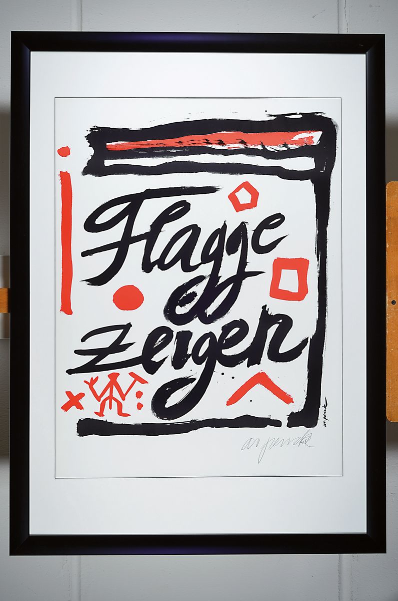 Detail k: A.R. Penck, geb. 1939 in Dresden - 2017, Farbserigraphie, 1995, nur 35 handsignierte Blätter, Flagge zeigen, ca. 84 x 59.5 cm, unter Glas, Rahmen, ...