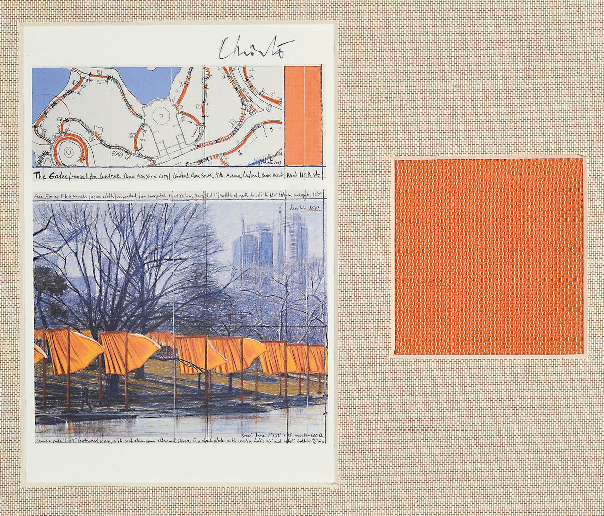 Christo, 1935 - 2020, "The Gates - Central Park New York City,USA" mit orig. Stoffstück aus dem Projekt, Unikatcharakter, 27 x 23.5 cm, ...