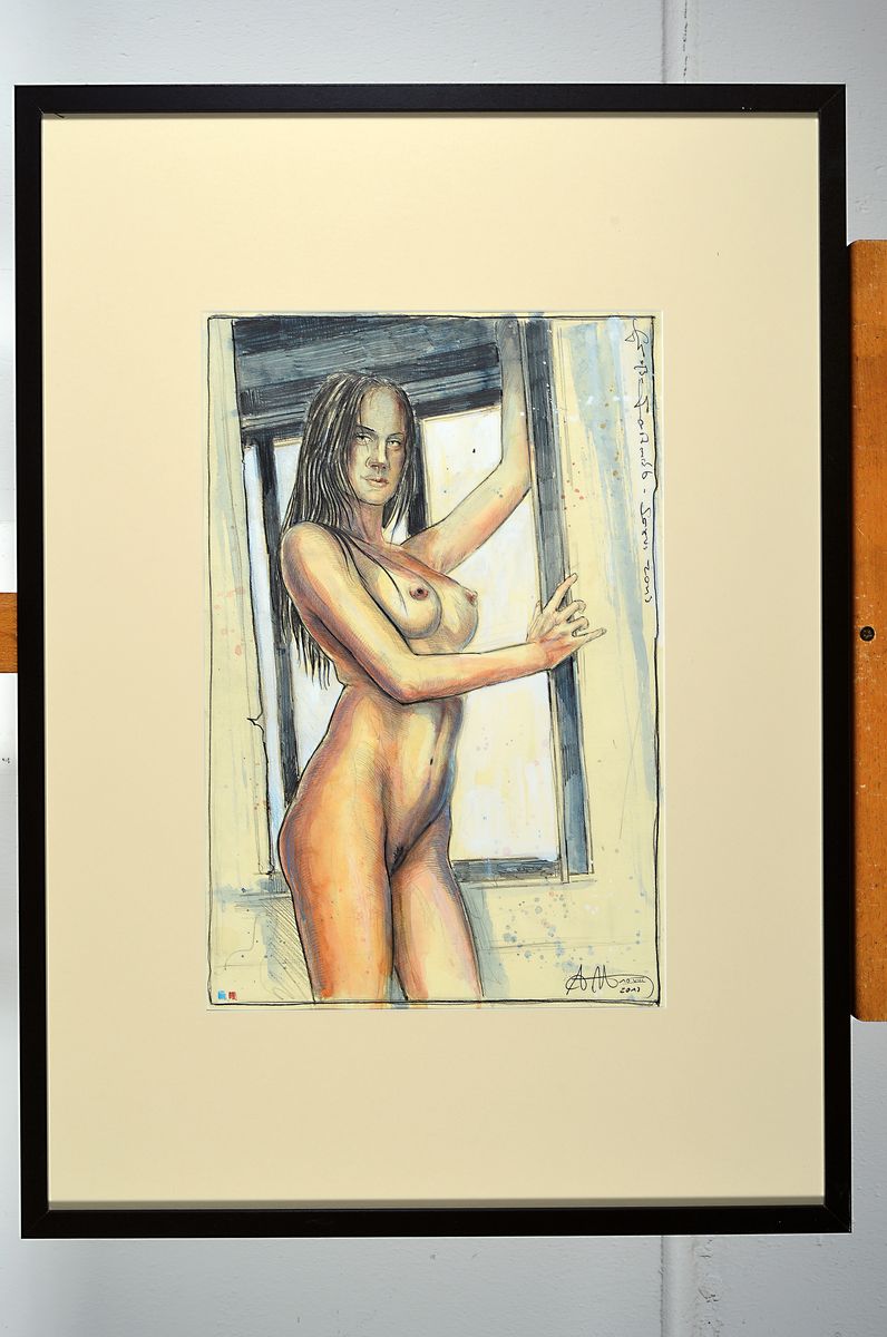 Detail k: Andreas Noßmann, geb. 1962, großer Fensterakt, Bleistift/Aquarell/ Farbstift und weiße Tusche auf Karton, handsigniert, aus 2013, WVZ 4878, ca. 44 ...