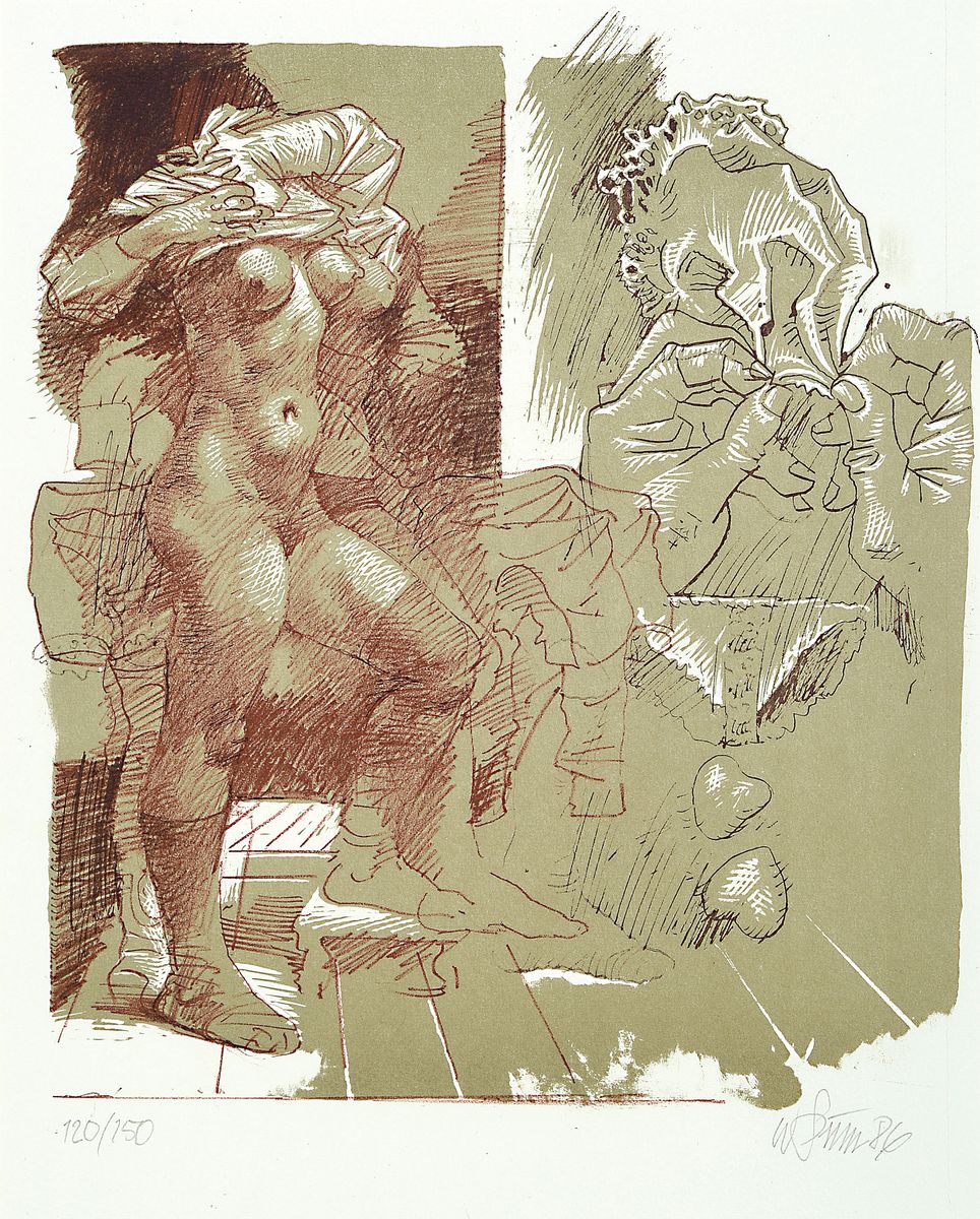 Willi Sitte, 1921 - 2003, "Baals Lied - Sich Entkleidende mit Fetisch" Farblitho/Kreidelitho, in olivgrün, Rot- und Dunkelbraun, auf ...