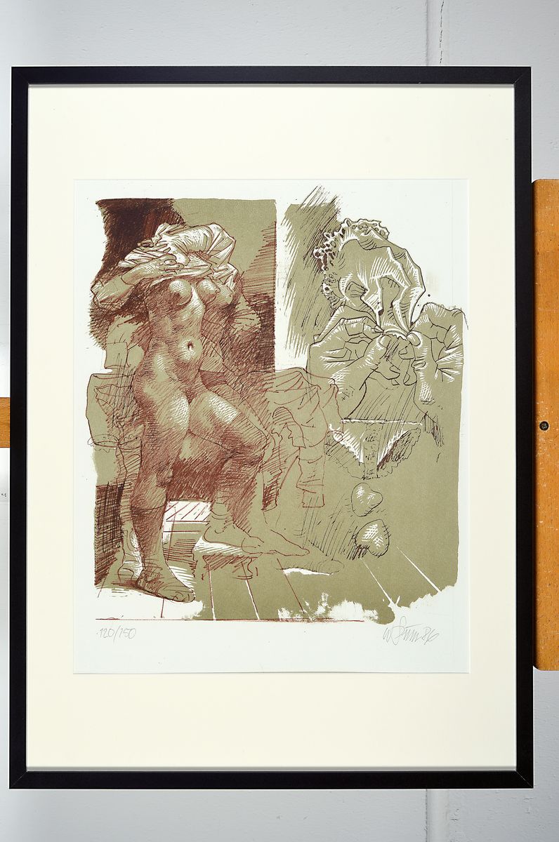 Detail k: Willi Sitte, 1921 - 2003, "Baals Lied - Sich Entkleidende mit Fetisch" Farblitho/Kreidelitho, in olivgrün, Rot- und Dunkelbraun, auf ...