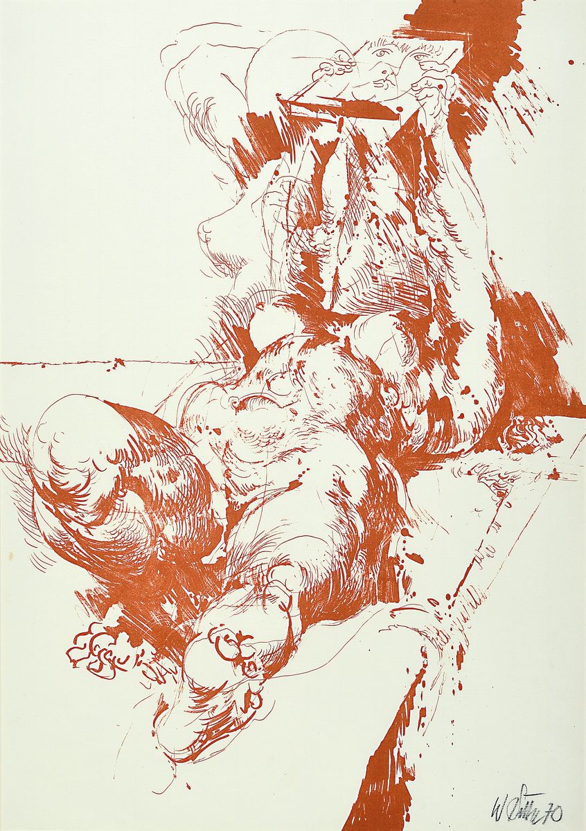 Willi Sitte, 1921 - 2003, "Ars amatoria-LIegender Akt mit Spiegel" Farblitho/Pinsellitho, in Rotbraun auf hellem Achat-Maschinenbütten, ...