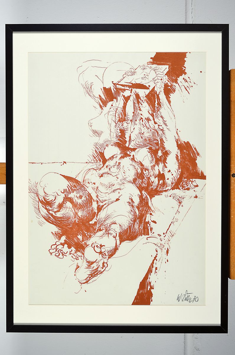 Detail k: Willi Sitte, 1921 - 2003, "Ars amatoria-LIegender Akt mit Spiegel" Farblitho/Pinsellitho, in Rotbraun auf hellem Achat-Maschinenbütten, ...