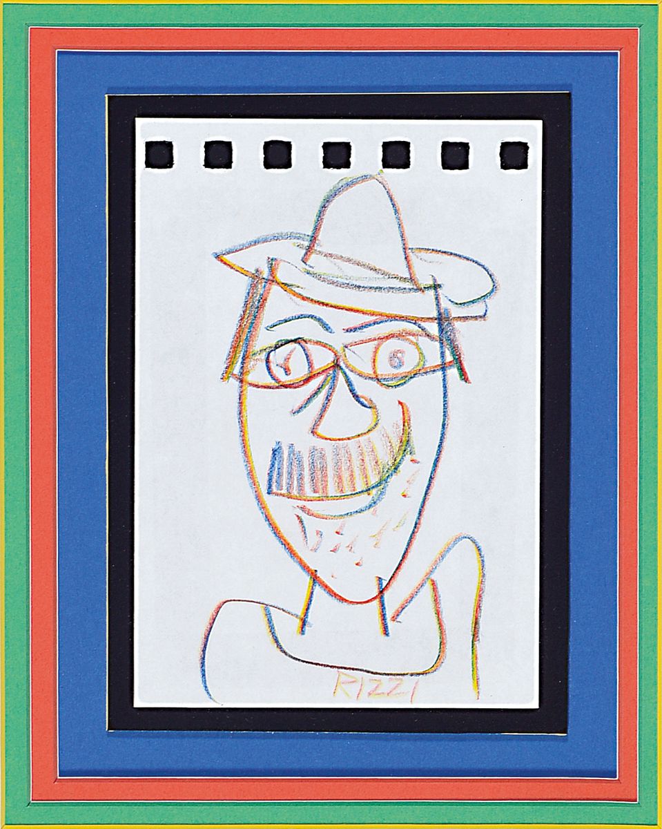 James Rizzi, geb. 1961, Buntstiftzeichnung, Porträt, handsigniert, unter Glas, Rahmen, 12.5 x 9 cm, Rahmen: 39 x 34 cm, Rahmen l. best.