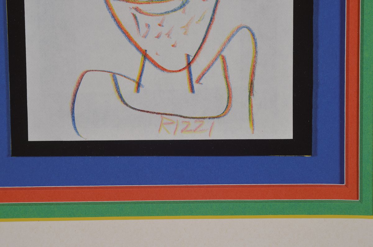 Detail a: James Rizzi, geb. 1961, Buntstiftzeichnung, Porträt, handsigniert, unter Glas, Rahmen, 12.5 x 9 cm, Rahmen: 39 x 34 cm, Rahmen l. best.