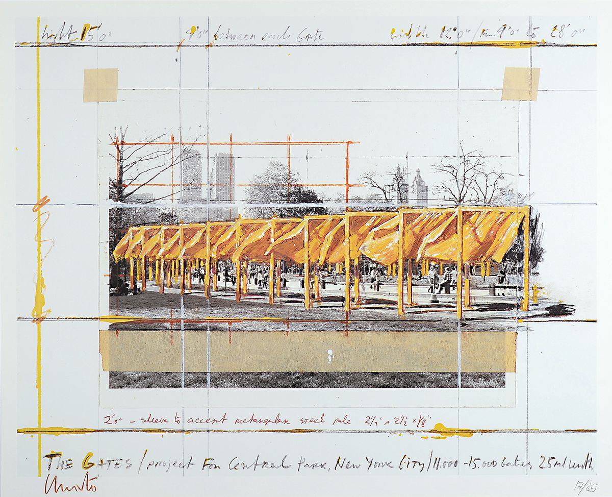 Christo, 1935 - 2020, "The Gates", kleine Edition einer Offsetlitho auf Papier, 17/35, handsigniert, von 1994, ca. 84 x 59.5 cm, unter ...