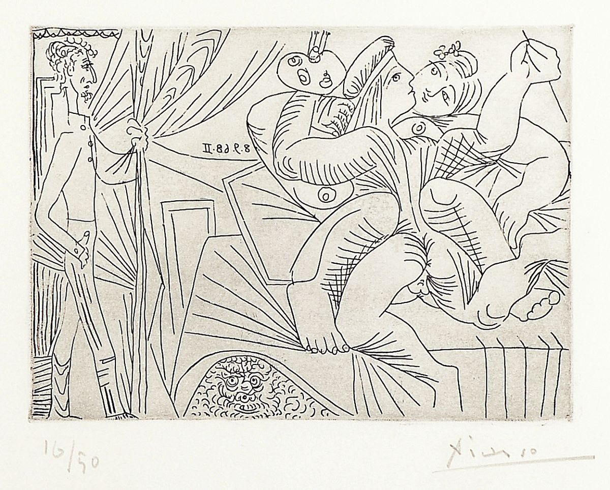 Pablo Picasso, 1881 - 1973, Aquatinta- und Kaltnadelradierung auf Velin, Titel:" Raphael et la Fornarina XXII"", handsigniert, 33 x 50 ...