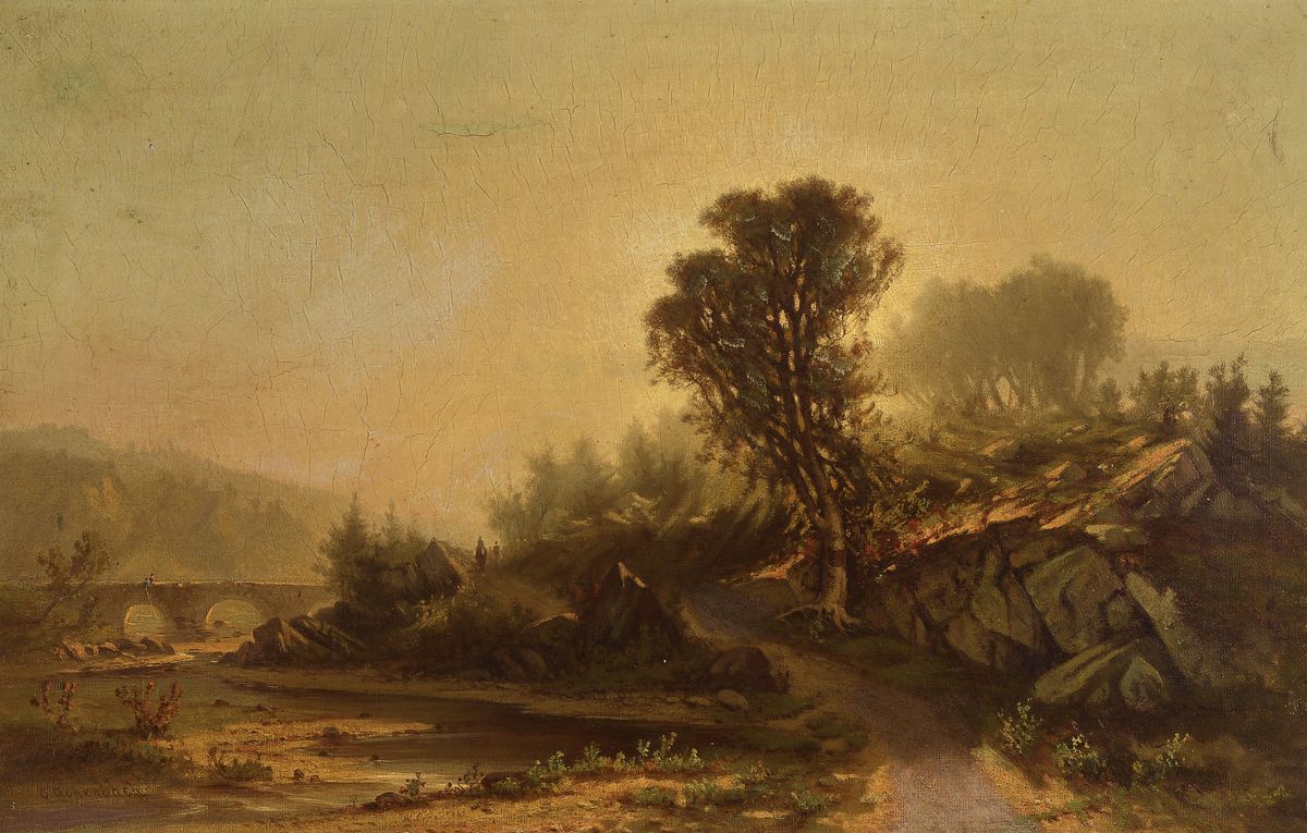 Andreas Achenbach, 1815 Kassel-1910 Düsseldorf, einer der bekanntesten Maler der Düsseldorfer Schule, hier: Ideale Landschaft im ...