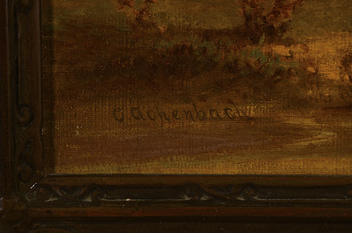 Detail a: Andreas Achenbach, 1815 Kassel-1910 Düsseldorf, einer der bekanntesten Maler der Düsseldorfer Schule, hier: Ideale Landschaft im ...