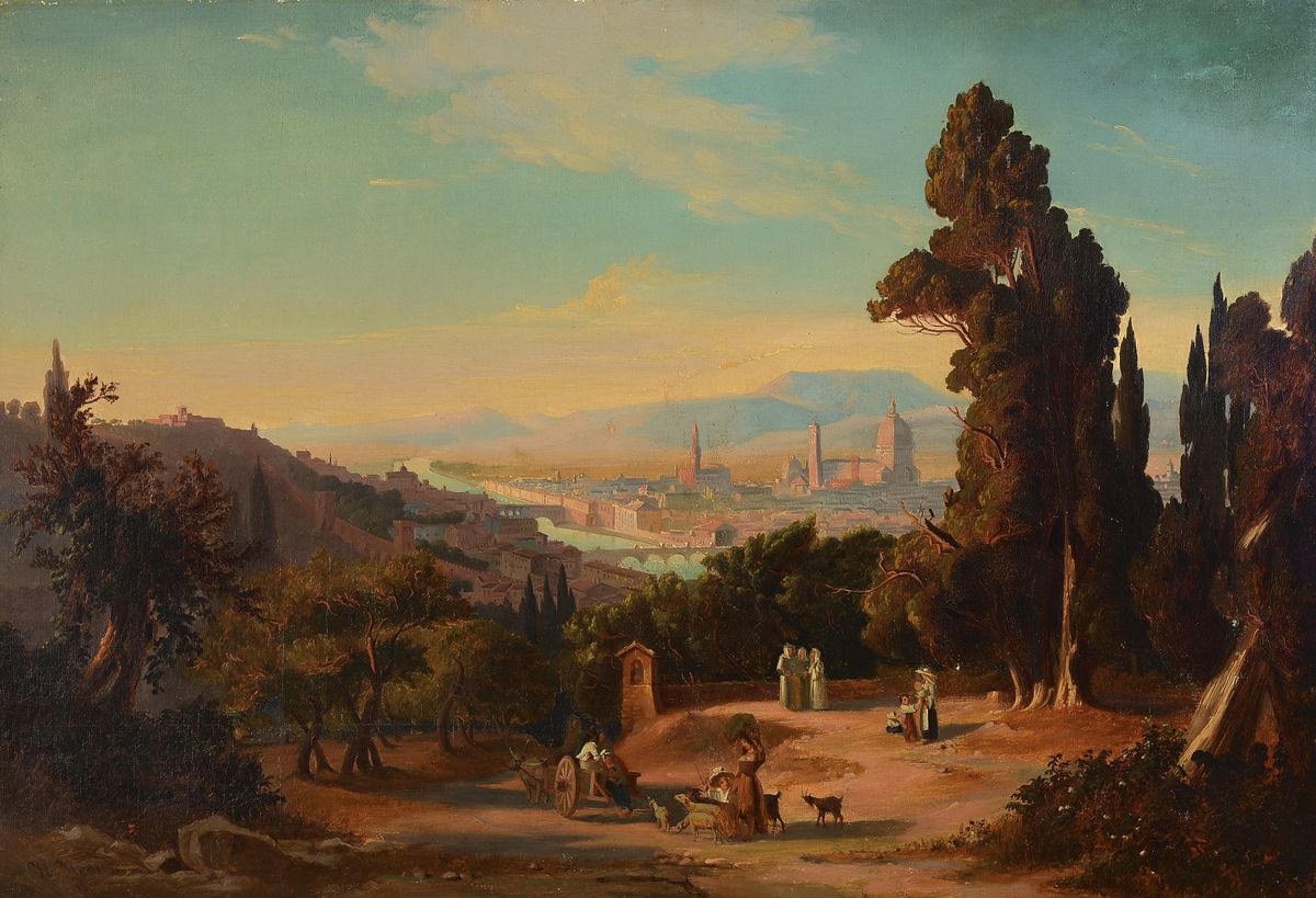 Unbekannter Künstler, datiert 1878, Überblick auf Florenz in sonnendurchfluteter Landschaft, im Vordergrund reiche Personenstaffage, Darstellung ...