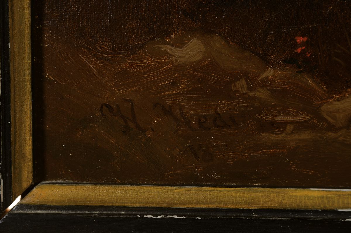 Detail a: Unbekannter Künstler, datiert 1878, Überblick auf Florenz in sonnendurchfluteter Landschaft, im Vordergrund reiche Personenstaffage, Darstellung ...