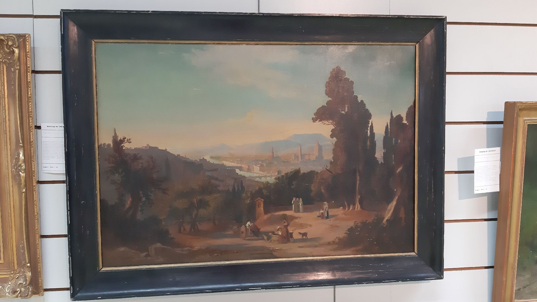 Detail b: Unbekannter Künstler, datiert 1878, Überblick auf Florenz in sonnendurchfluteter Landschaft, im Vordergrund reiche Personenstaffage, Darstellung ...