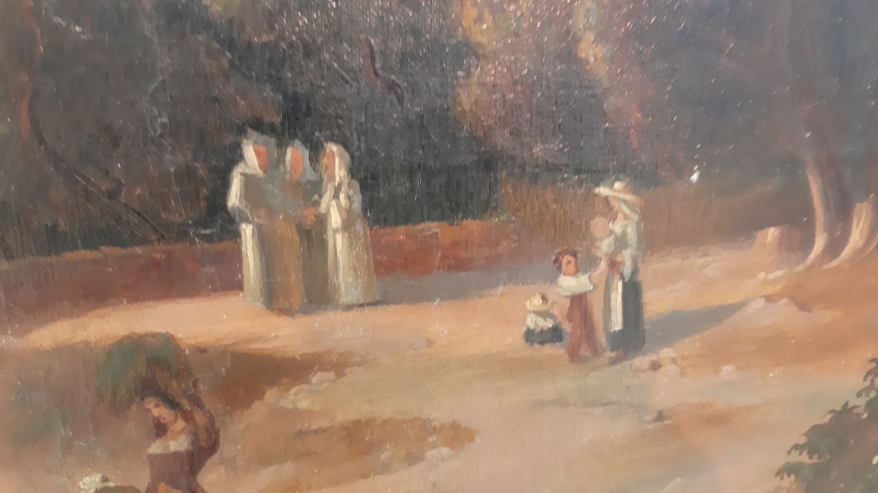 Detail c: Unbekannter Künstler, datiert 1878, Überblick auf Florenz in sonnendurchfluteter Landschaft, im Vordergrund reiche Personenstaffage, Darstellung ...