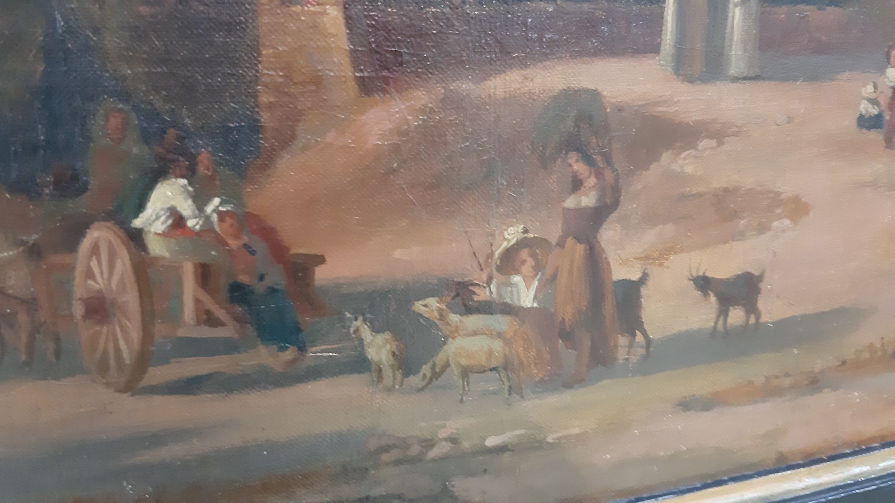 Detail d: Unbekannter Künstler, datiert 1878, Überblick auf Florenz in sonnendurchfluteter Landschaft, im Vordergrund reiche Personenstaffage, Darstellung ...