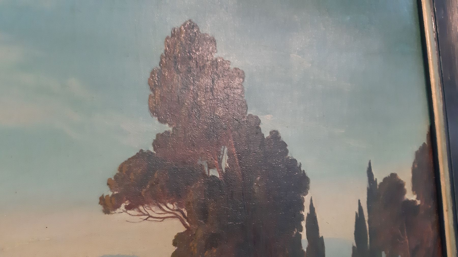 Detail e: Unbekannter Künstler, datiert 1878, Überblick auf Florenz in sonnendurchfluteter Landschaft, im Vordergrund reiche Personenstaffage, Darstellung ...