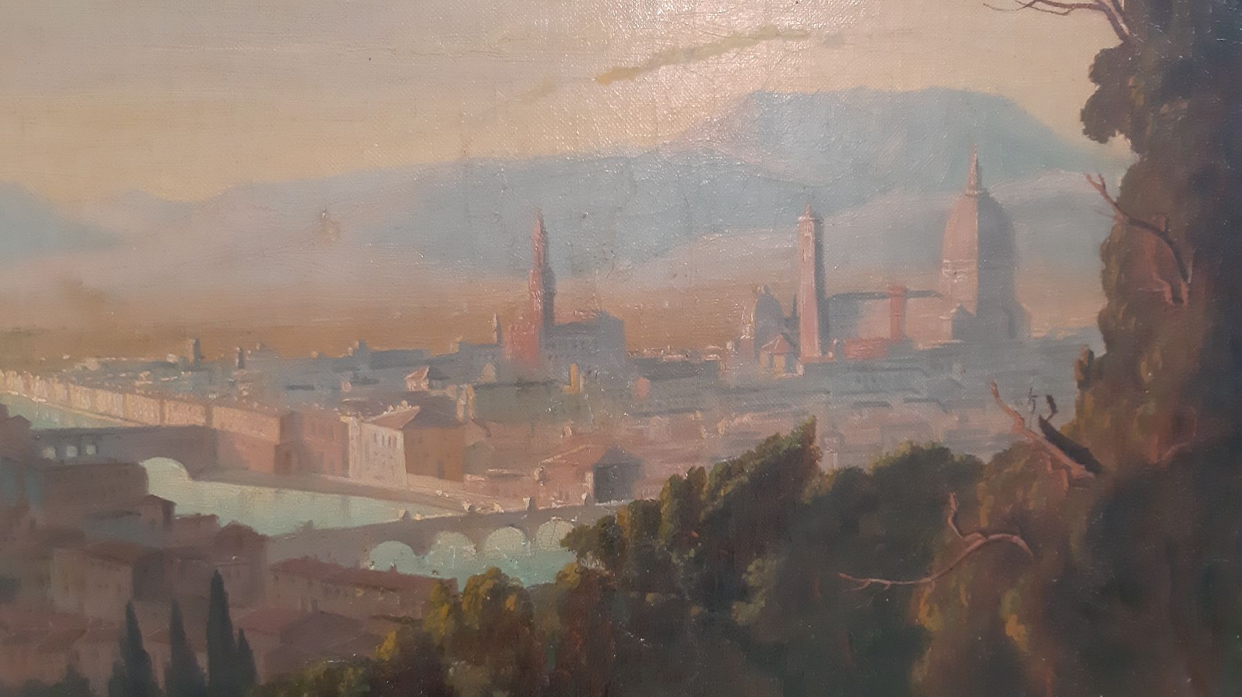 Detail f: Unbekannter Künstler, datiert 1878, Überblick auf Florenz in sonnendurchfluteter Landschaft, im Vordergrund reiche Personenstaffage, Darstellung ...