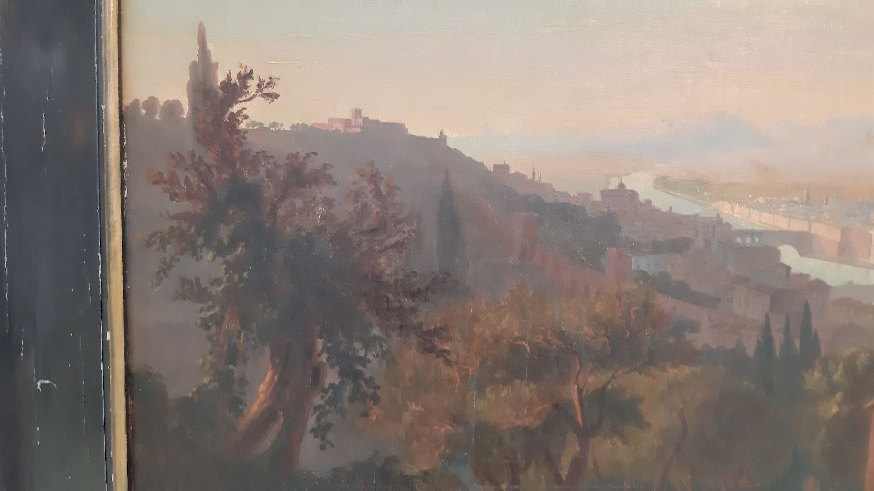 Detail g: Unbekannter Künstler, datiert 1878, Überblick auf Florenz in sonnendurchfluteter Landschaft, im Vordergrund reiche Personenstaffage, Darstellung ...