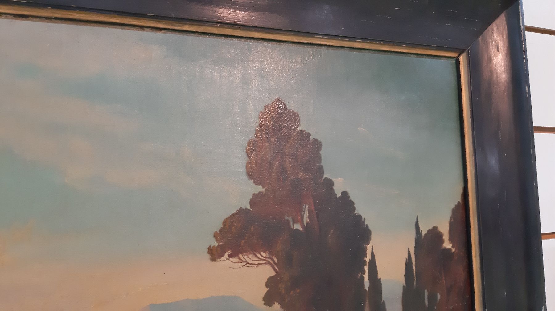 Detail i: Unbekannter Künstler, datiert 1878, Überblick auf Florenz in sonnendurchfluteter Landschaft, im Vordergrund reiche Personenstaffage, Darstellung ...