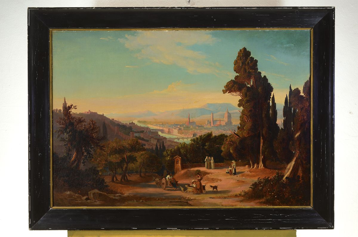 Detail k: Unbekannter Künstler, datiert 1878, Überblick auf Florenz in sonnendurchfluteter Landschaft, im Vordergrund reiche Personenstaffage, Darstellung ...