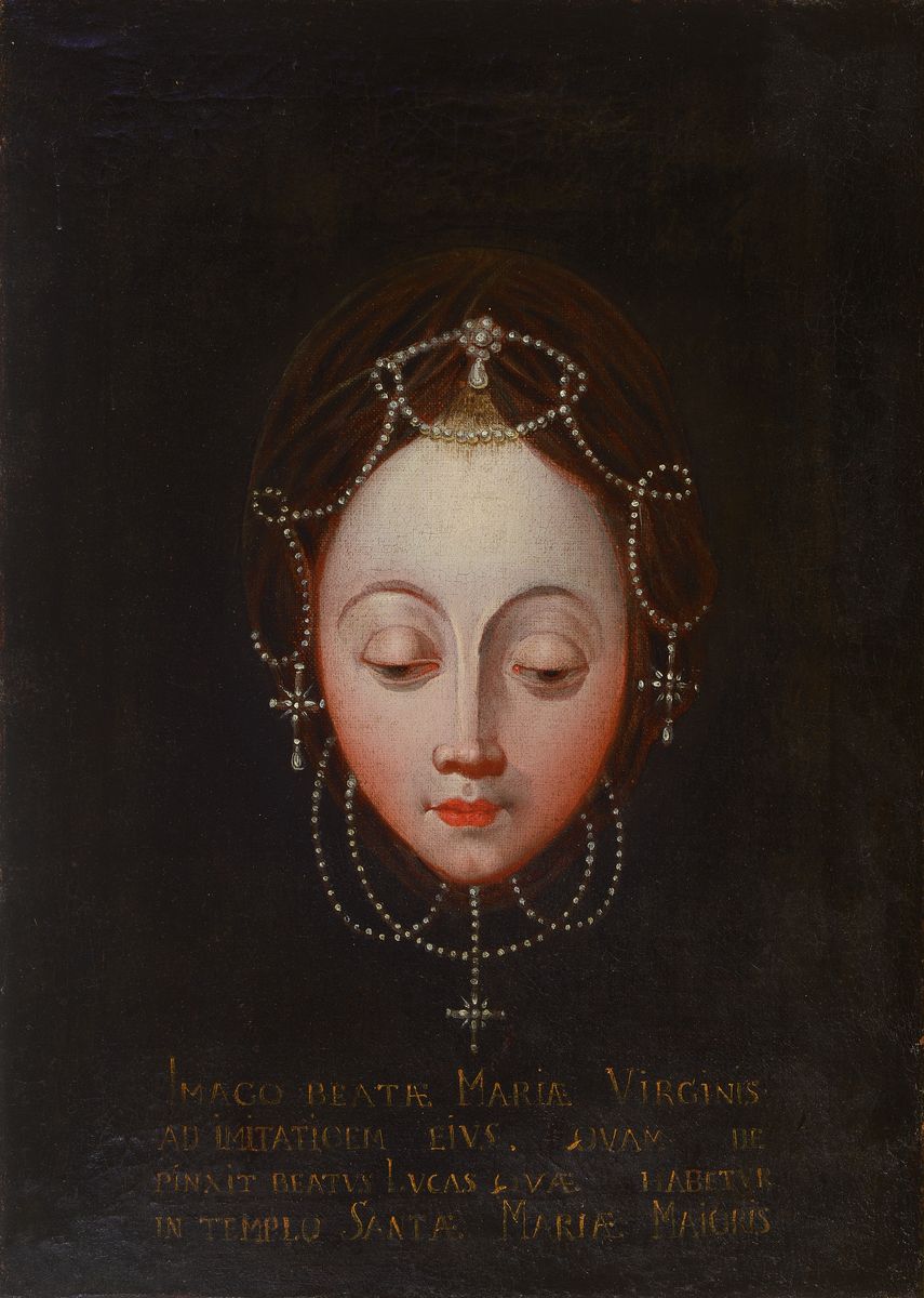 Künstler des 17. Jh., Porträt Mariae Virgins, mit Text, doubliert, krakeliert, ältere Restauration, Altersspuren, ca. 53 x 58.5 cm