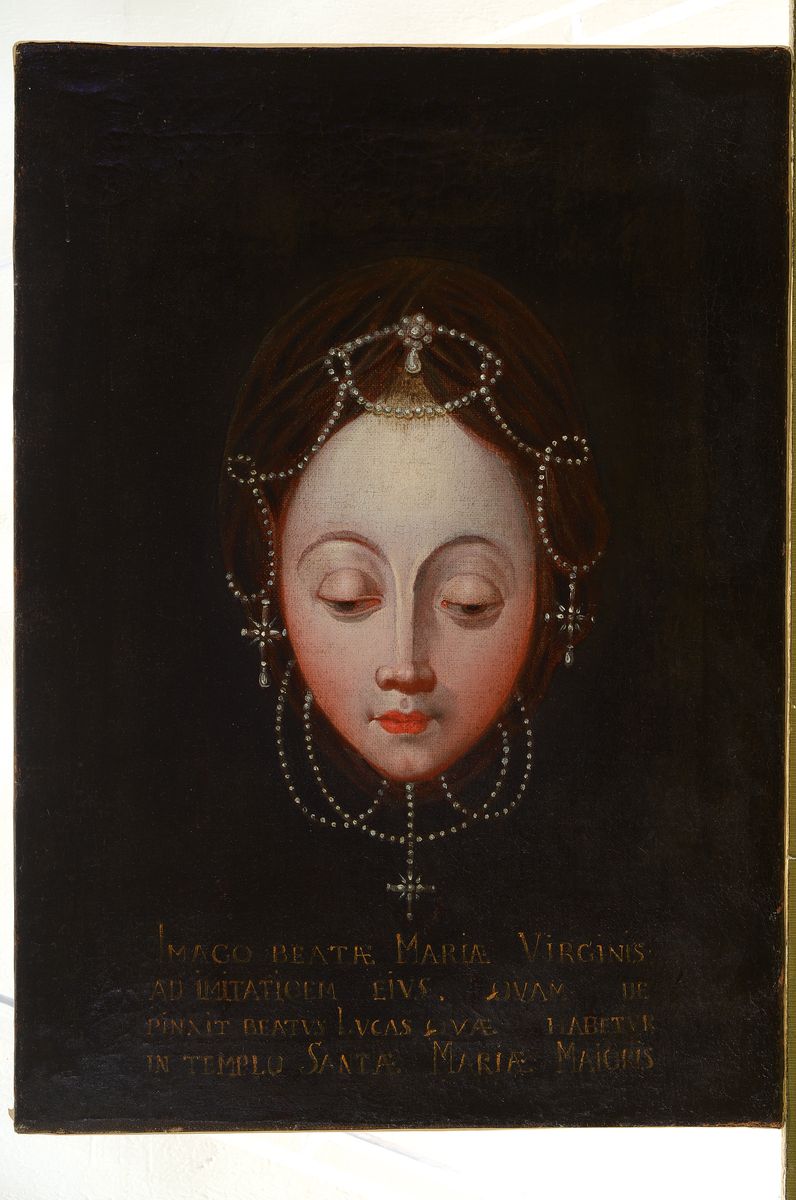Detail k: Künstler des 17. Jh., Porträt Mariae Virgins, mit Text, doubliert, krakeliert, ältere Restauration, Altersspuren, ca. 53 x 58.5 cm