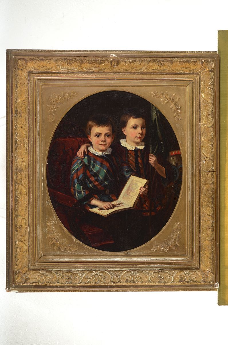 Detail k: Süddeutscher Künstler, um 1900, Kinderporträt bzw. zwei sitzende Knaben mit Bilderbuch und Fahne, erzählende Darstellung, Öl/Lwd., unsigniert, ...