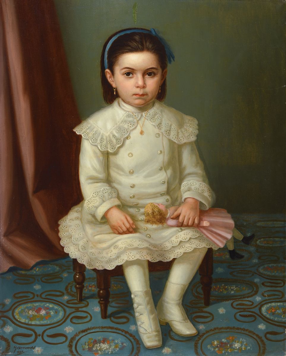 Roger Jammes, Porträtmaler des 19. Jh., Mädchen mit Puppe, Öl/Lwd, links unten sign., dat. 1882, mittig oben restaurierter Lwd- Schaden, ca. ...