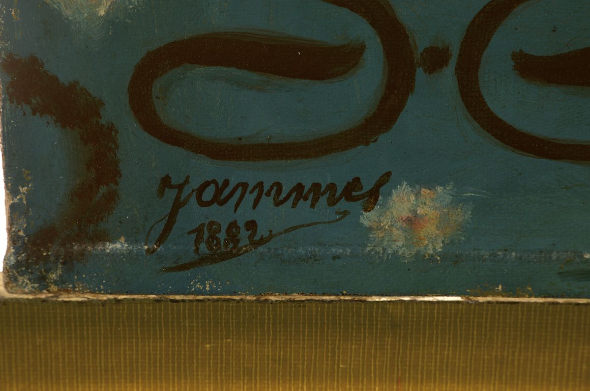 Detail a: Roger Jammes, Porträtmaler des 19. Jh., Mädchen mit Puppe, Öl/Lwd, links unten sign., dat. 1882, mittig oben restaurierter Lwd- Schaden, ca. ...