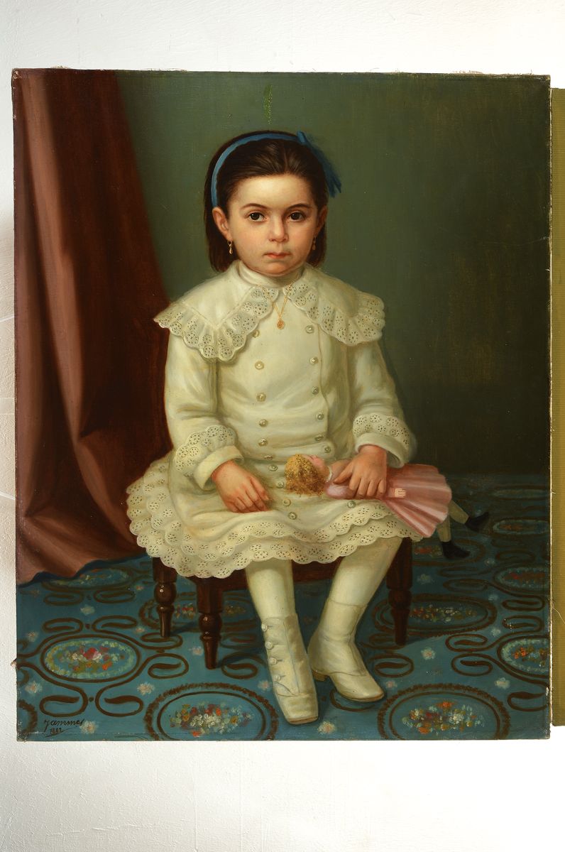 Detail k: Roger Jammes, Porträtmaler des 19. Jh., Mädchen mit Puppe, Öl/Lwd, links unten sign., dat. 1882, mittig oben restaurierter Lwd- Schaden, ca. ...