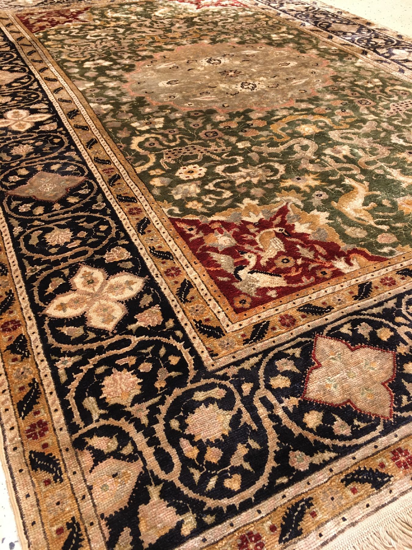Detail d: Feiner grüner Kaisery "Flosh" antik (Safavid Design), Türkei, um 1890/1900, Flosh-Seide geknüpft auf Baumwolle. Seltener und ...