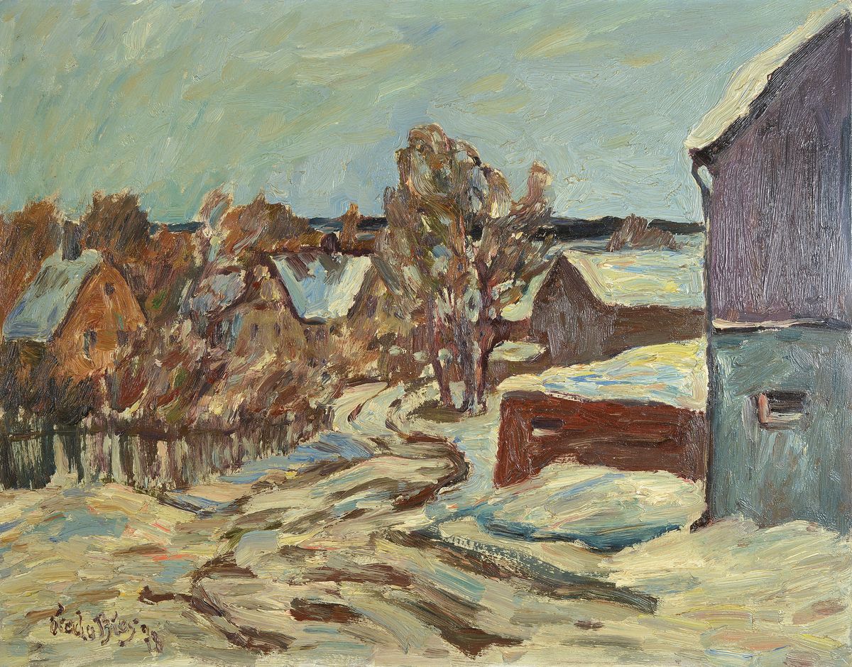 Fredo Bley, 1929 Mylau-2010 Reichenbach/Vogtland, Winterlandschaft, rückseitig betitelt: Vogtländisches Dorf, Buchwald/Vogtl., Öl/Hartfaser, links ...