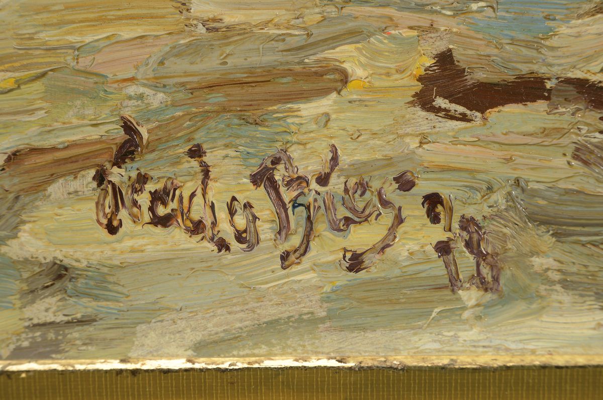 Detail a: Fredo Bley, 1929 Mylau-2010 Reichenbach/Vogtland, Winterlandschaft, rückseitig betitelt: Vogtländisches Dorf, Buchwald/Vogtl., Öl/Hartfaser, links ...