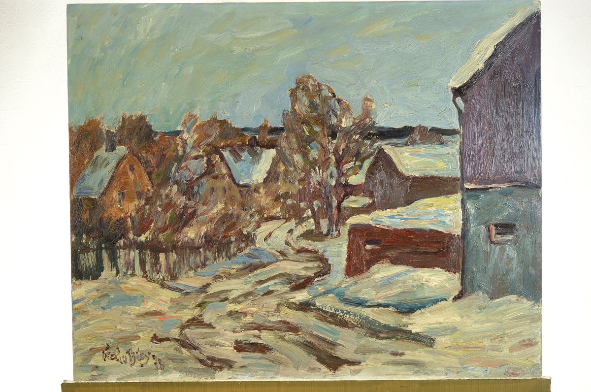 Detail k: Fredo Bley, 1929 Mylau-2010 Reichenbach/Vogtland, Winterlandschaft, rückseitig betitelt: Vogtländisches Dorf, Buchwald/Vogtl., Öl/Hartfaser, links ...