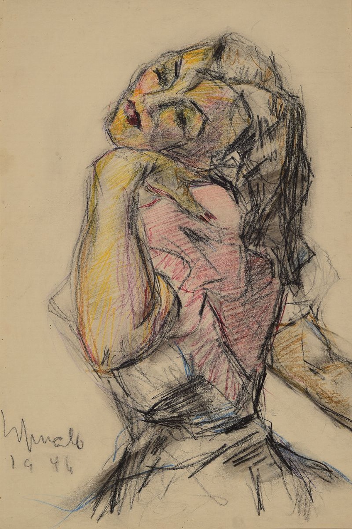 Expressionist, deutsch, dat. 1946,, unleserlich signiert, Buntstift und Kohle- Zeichnung, Seitenansicht einer jungen Frau, schwierige Linienführung ...