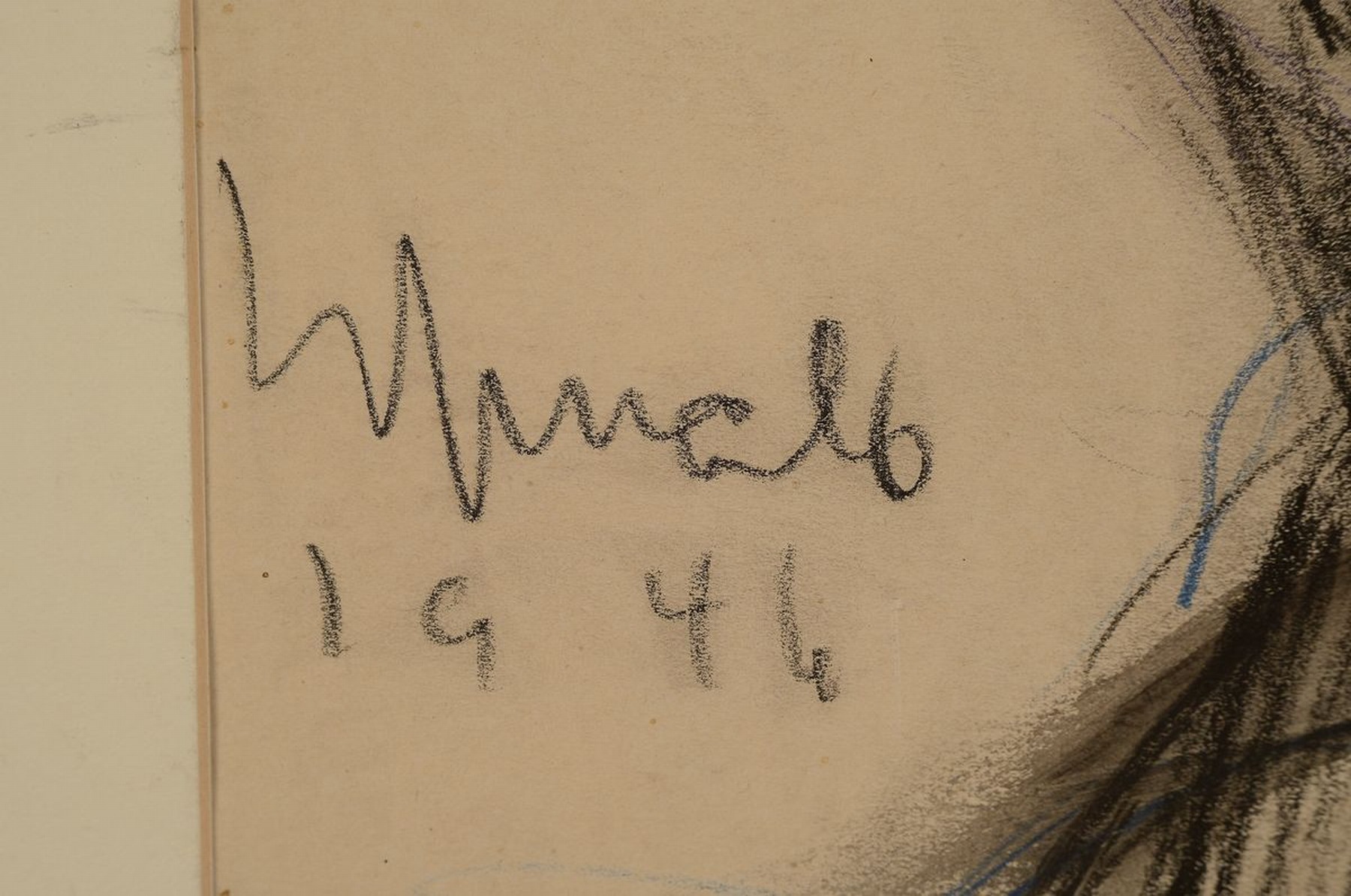 Detail a: Expressionist, deutsch, dat. 1946,, unleserlich signiert, Buntstift und Kohle- Zeichnung, Seitenansicht einer jungen Frau, schwierige Linienführung ...