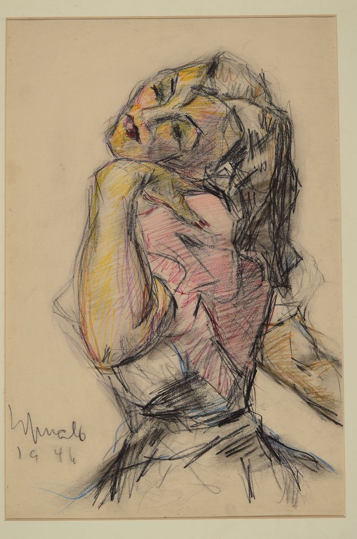 Detail k: Expressionist, deutsch, dat. 1946,, unleserlich signiert, Buntstift und Kohle- Zeichnung, Seitenansicht einer jungen Frau, schwierige Linienführung ...