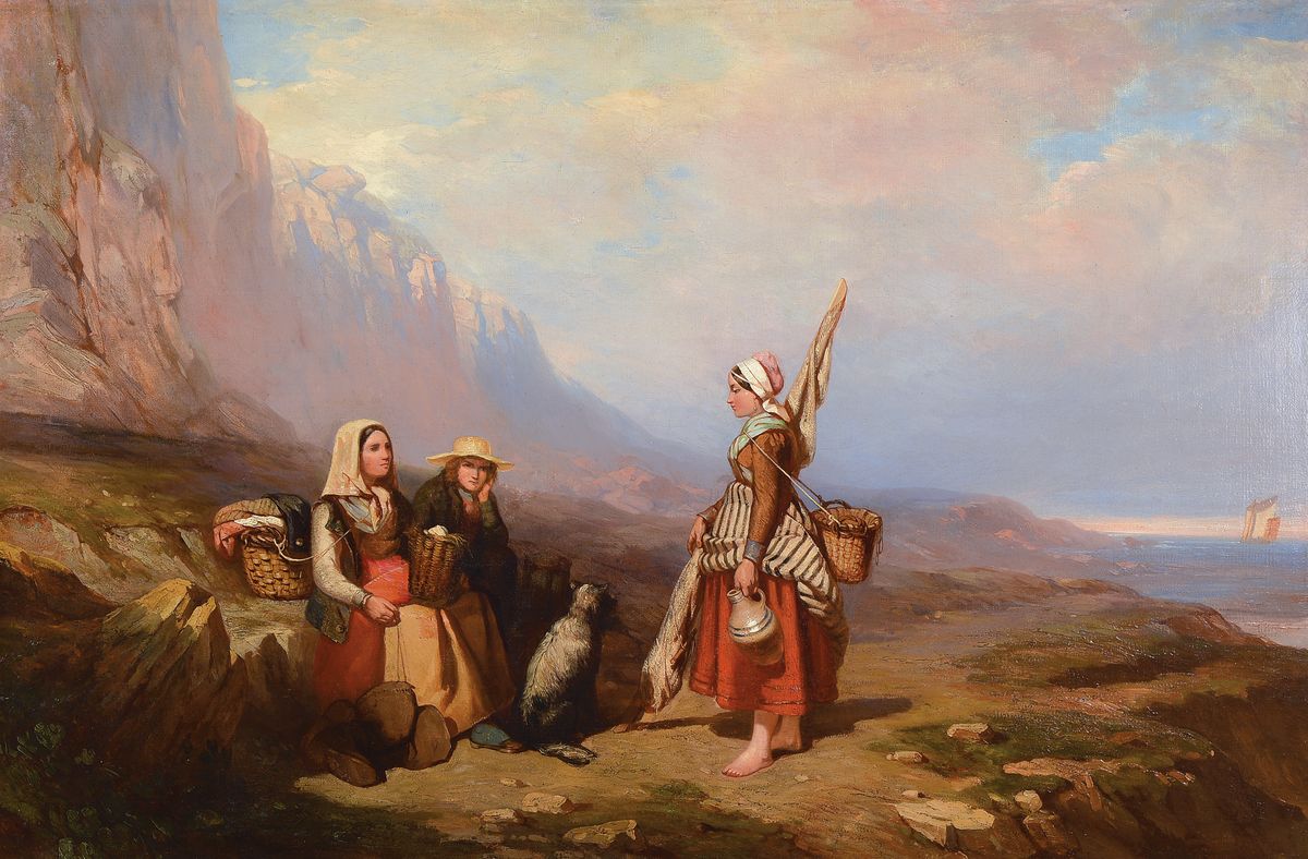 George Stubbs, erw. 1837-1860, Sohn des Georges Stubbs (1724-1806), drei Personen und ein Hund an felsiger Steilküste, Öl/Lwd, seitlich links im ...